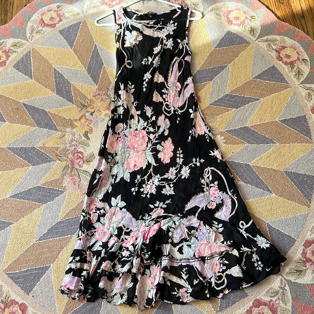 VINTAGE BETSEY JOHNSON SHEER FLORAL MIDI MAXI RAYON DRESS XS S Y2K BARBIECORE
